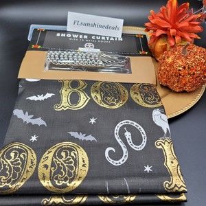 Halloween Shower Curtain Boo Metallic Foil Bat Skull Raven Web Snake Gothic Bath